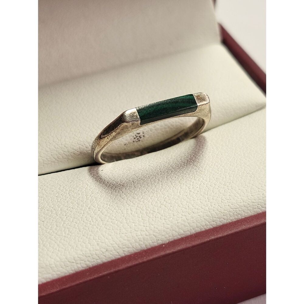 Malachite Inlaid Sterling Silver Signet Ring Size 8